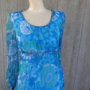 Vintage 60s 70s Maxi Blue Green Floral SILVER Sheen Long Dress As Is